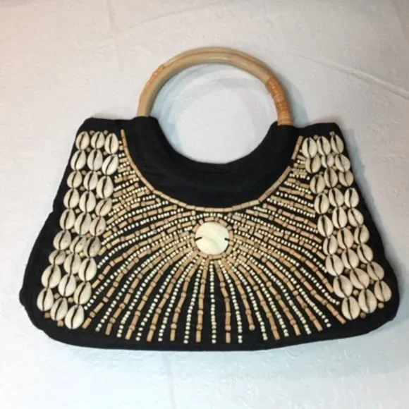 LIKE NEW Silk Purse Black w/Beads, Cowrie Shells Wooden Handle Handbag 11.5"x 8" - Picture 2 of 8